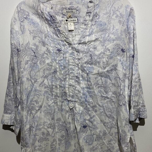 Malvin Women's White Blue Floral Print I Love Linen Button Up Blouse Size 8 - Picture 1 of 12